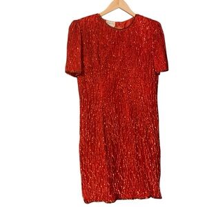 Vtg Stenay Sequin Silk Dress Size 12 Red Blingy Knee Length Short Sleeve READ